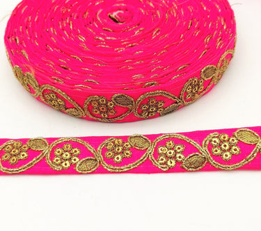 Fuchsia Pink Art Silk Trim with Gold Floral Embroidery and Gold Sequins Indian Sari Border Trim By 3 Yards Decorative Trim Craft Lace